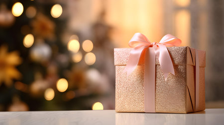 Blush Gift Box in front of a blurred Christmas background. Festive Template for Holidays and Celebrationsの素材