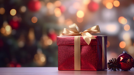 Burgundy Gift Box in front of a blurred Christmas Background. Festive Template for Holidays and Celebrationsの素材