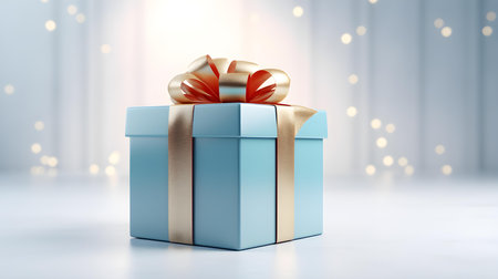 Blue Gift Box in front of a light background with copy space. Festive Template for Holidays and Celebrationsの素材