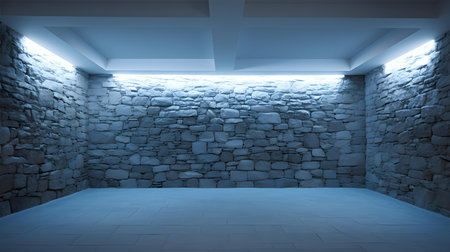 Empty room with stone walls in blue colors. Vintage backdrop for product presentationの素材