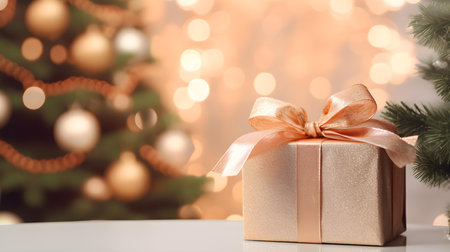 Blush Gift Box in front of a blurred Christmas background. Festive Template for Holidays and Celebrationsの素材