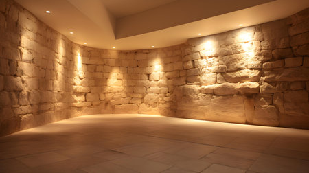 Empty Room with Stone Walls in ivory Colors. Vintage backdrop for product presentationの素材