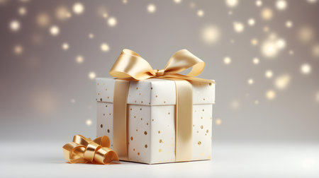 Ivory Gift Box in front of a light Background with Copy Space. Festive Template for Holidays and Celebrationsの素材