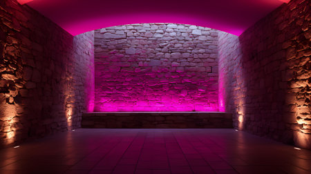 Empty room with stone walls in pink colors. Vintage backdrop for product presentationの素材