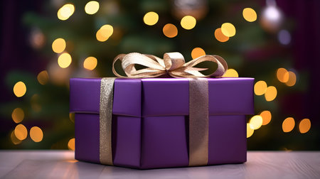Dark Purple Gift Box in front of a blurred Christmas background. Festive Template for Holidays and Celebrationsの素材