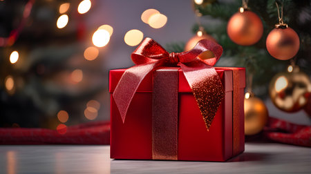 Dark Red Gift Box in front of a blurred Christmas Background. Festive Template for Holidays and Celebrationsの素材