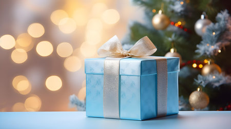 Light Blue Gift Box in front of a blurred Christmas background. Festive Template for Holidays and Celebrationsの素材