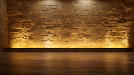 Empty room with stone walls in gold colors. Vintage backdrop for product presentationの素材