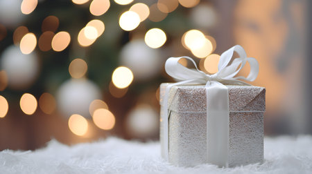 Ivory gift box in front of a blurred Christmas background. Festive Template for Holidays and Celebrationsの素材