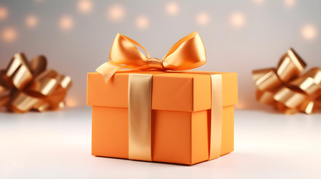 Light Orange Gift Box in front of a light background with copy space. Festive Template for Holidays and Celebrationsの素材