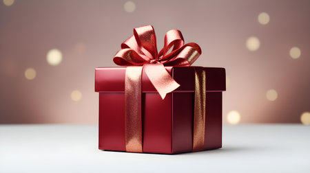 Dark Red Gift Box in front of a light Background with Copy Space. Festive Template for Holidays and Celebrationsの素材