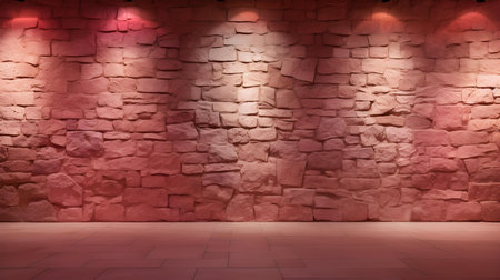 Empty room with stone walls in pink colors. Vintage backdrop for product presentationの素材