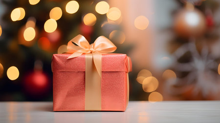 Light red gift box in front of a blurred Christmas background. Festive Template for Holidays and Celebrationsの素材