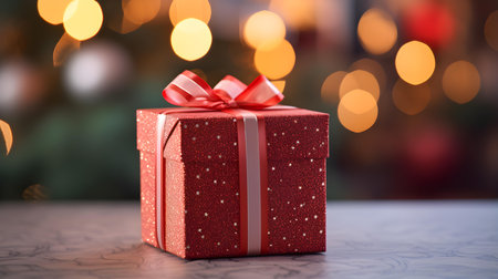 Light red gift box in front of a blurred Christmas background. Festive Template for Holidays and Celebrationsの素材