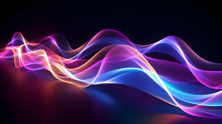 Soft neon waves in multiple colors on a dark background. Futuristic wallpapersの素材