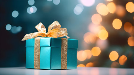 Turquoise Gift Box in front of a blurred Christmas Background. Festive Template for Holidays and Celebrationsの素材