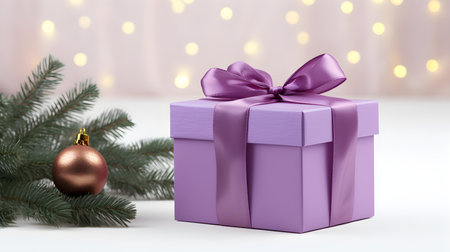 Purple Gift Box in front of a light background with copy space. Festive Template for Holidays and Celebrationsの素材