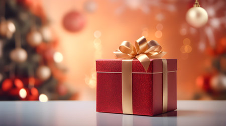 Red Gift Box in front of a blurred Christmas Background. Festive Template for Holidays and Celebrationsの素材
