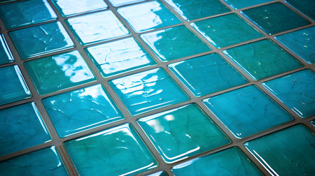 Close up of a glossy floor in turquoise colors reflecting the daylightの素材
