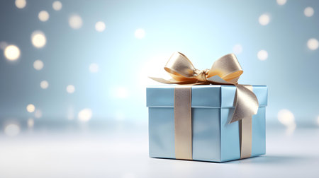 Light Blue Gift Box in front of a light background with copy space. Festive Template for Holidays and Celebrationsの素材