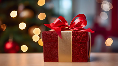 Ruby Gift Box in front of a blurred Christmas background. Festive Template for Holidays and Celebrationsの素材