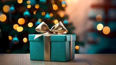 Turquoise Gift Box in front of a blurred Christmas Background. Festive Template for Holidays and Celebrationsの素材