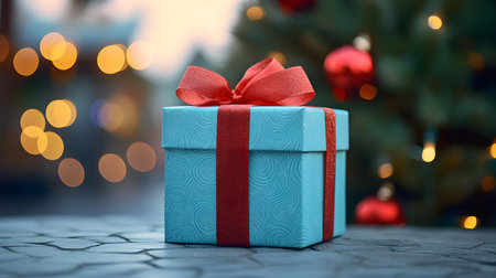 Sky Blue Gift Box in front of a blurred Christmas background. Festive Template for Holidays and Celebrationsの素材