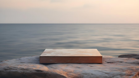 Square Stone Podium in dark brown colors in front of a blurred seascape. Luxury backdrop for product presentationの素材