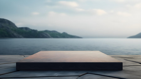 Square Stone Podium in anthracite Colors in front of a blurred Seascape. Luxury backdrop for product presentationの素材