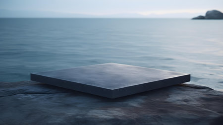 Square Stone Podium in anthracite Colors in front of a blurred Seascape. Luxury backdrop for product presentationの素材