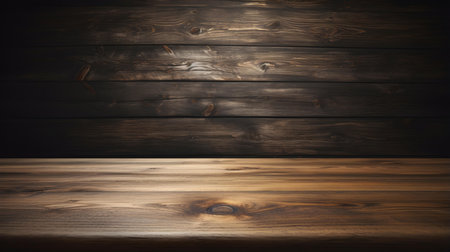 Close up of a wooden table in front of a dark brown wall. Rustic Backdrop with Copy Spaceの素材