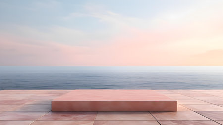 Square Stone Podium in blush Colors in front of a blurred Seascape. Luxury backdrop for product presentationの素材