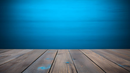 Close up of a wooden table in front of a blue wall. Rustic Backdrop with Copy Spaceの素材