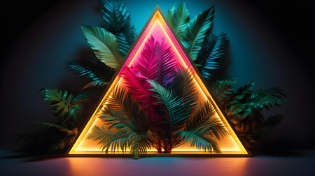 Beige Neon Triangle surrounded by Tropical Leaves. Exotic backdrop with copy spaceの素材