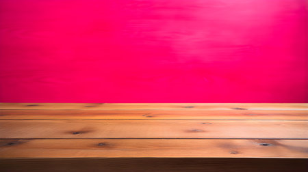 Close up of a wooden table in front of a hot pink wall. Rustic Backdrop with Copy Spaceの素材