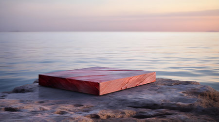 Square Stone Podium in burgundy Colors in front of a blurred Seascape. Luxury backdrop for product presentationの素材