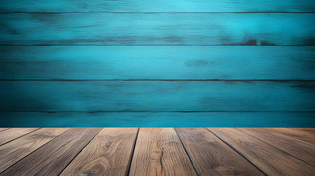 Close up of a wooden table in front of a blue wall. Rustic Backdrop with Copy Spaceの素材