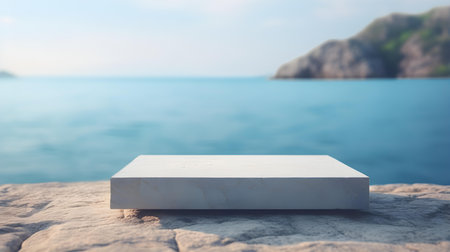 Square Stone Podium in blue Colors in front of a blurred Seascape. Luxury backdrop for product presentationの素材