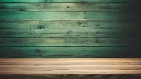 Close up of a wooden table in front of a dark green wall. Rustic Backdrop with Copy Spaceの素材