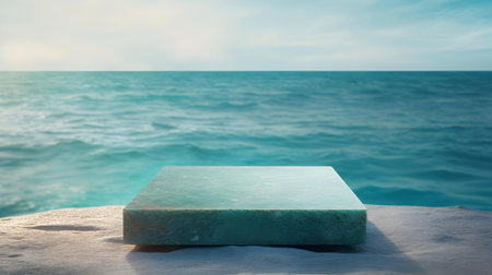 Square Stone Podium in emerald Colors in front of a blurred Seascape. Luxury backdrop for product presentationの素材
