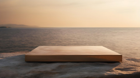 Square Stone Podium in gold Colors in front of a blurred Seascape. Luxury backdrop for product presentationの素材
