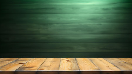 Close up of a wooden table in front of a dark green wall. Rustic Backdrop with Copy Spaceの素材