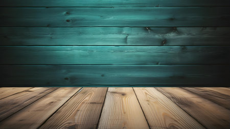 Close up of a wooden table in front of an emerald wall. Rustic Backdrop with Copy Spaceの素材
