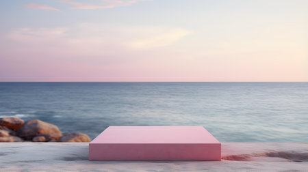 Square Stone Podium in fuchsia Colors in front of a blurred Seascape. Luxury backdrop for product presentationの素材