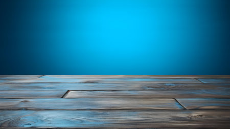 Close up of a wooden table in front of a blue wall. Rustic Backdrop with Copy Spaceの素材
