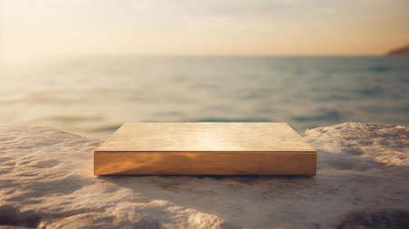 Square Stone Podium in gold Colors in front of a blurred Seascape. Luxury backdrop for product presentationの素材