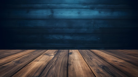 Close up of a wooden table in front of a navy blue wall. Rustic Backdrop with Copy Spaceの素材