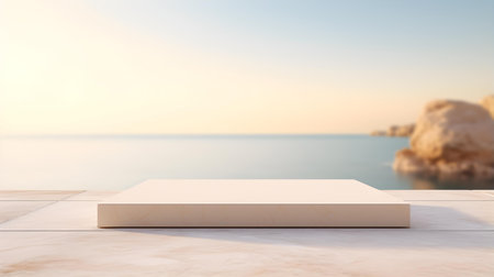 Square Stone Podium in ivory Colors in front of a blurred Seascape. Luxury backdrop for product presentationの素材