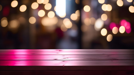 Close up of a wooden table in front of pink bokeh lights. Festive backdrop with copy spaceの素材