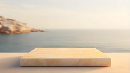 Square Stone Podium in light yellow Colors in front of a blurred Seascape. Luxury backdrop for product presentationの素材
